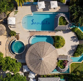 Coastal Vibe Travel - Explore Sandals Resorts a beach resort with a swimming pool and a sandy beach