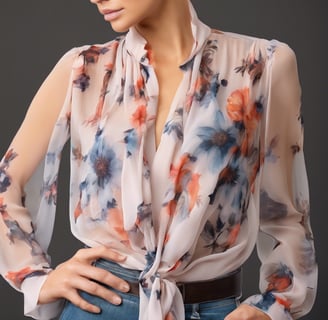 woman wearing a flowing pink chiffon printed blouse