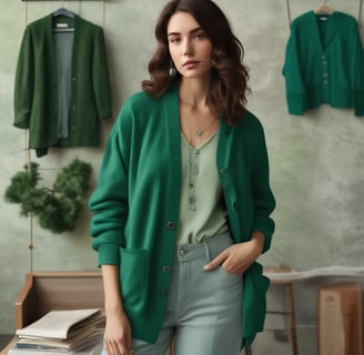 A woman combining an emerald green cardigan with various models of garments