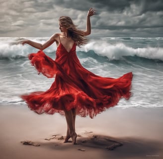 Woman on the beach in a red dress moving to the beat of the air