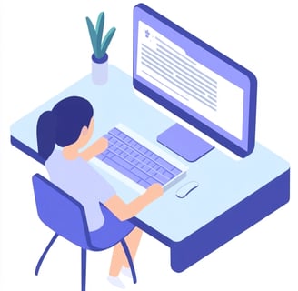 Female-presenting person sitting at a blue desk on a large computer screen with written activities.