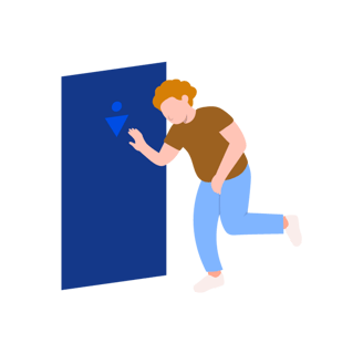a man is holding a blue door with a blue arrow pointing to the left