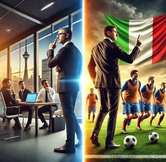 two leaders, one is standing in front of a business meeting room and the other with a soccer team