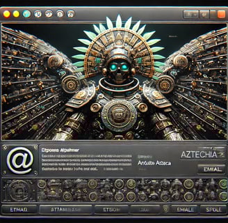 AzTechIA en una interfaz de email futurista, combinando tecnología y cultura azteca.