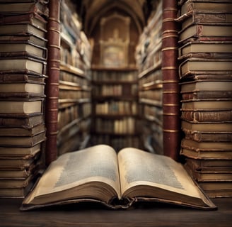 Libro abierto al frente de densa biblioteca antígüa.