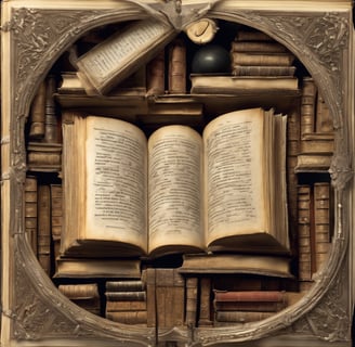 Libros abiertos y superpuestos, sobre fondo de biblioteca antigua.