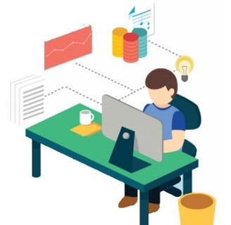 a man sitting at a desk with a laptop and a cup of coffee