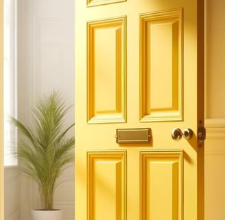 a yellow door with a plant in the middle