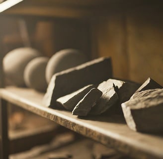 a shelf with several different types of stoneware