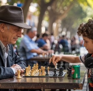 un vieil homme et un enfant jouent aux échecs