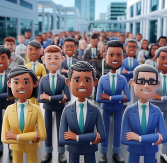 a group of business people standing in front of a crowd of people
