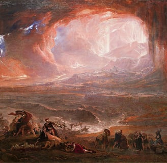 An epic, large-scale painting by John Martin depicting the catastrophic eruption of Mount Vesuvius, 