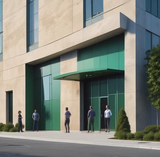 A modern office building with large glass windows. In front of the building, there is a green sign with a plug symbol and the letters 'EY'. Surrounding the area are neatly trimmed bushes.
