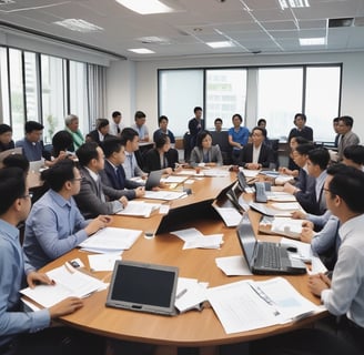 Two people are standing in front of a whiteboard containing various colorful sticky notes. The notes are arranged in a grid and each one has a word or phrase related to company values, such as 'Culture', 'Vision', 'Diversity', and 'Respect'. One person is gesturing towards the board, wearing a blue sweater, while the other is observing attentively, dressed in a red jacket.