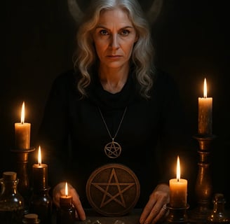 Bruja Samara canalizando ritual ancestral con velas, piedras y simbolo de protección en altar espiritual.
