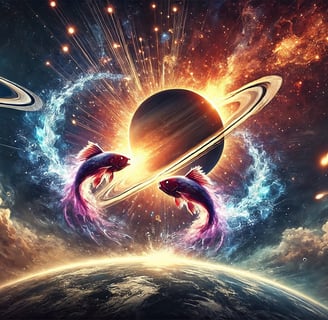 Saturn and Pisces colliding in a powerful cosmic explosion, symbolizing astrological transformation,