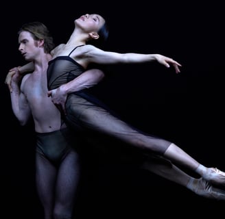 Two ballet dancers perform a dramatic lift against a black background.