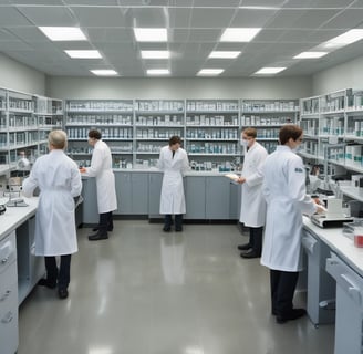 A laboratory setting featuring a conveyor belt with several test tubes placed upright in holders. The tubes are arranged in a line and have labels with barcodes. The lighting creates a cool blue tone across the surface, suggesting a sterile and clean environment.