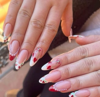 Valentine's day nail inspo white and red french tips with red heart cherries