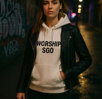 una mujer con una sudadera con capucha blanca y una chaqueta negra