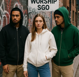 Un grupo de personas de pie frente a un letrero que dice WORSHIP SGO