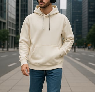 Un hombre con una sudadera blanca con capucha y auriculares