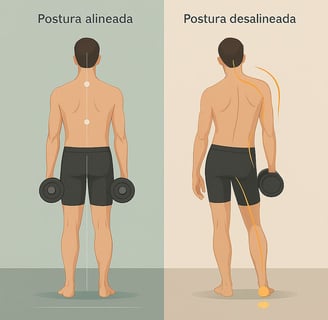 Comparación visual de postura alineada y postura compensada vista desde atrás