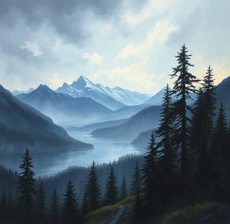 A painting of a mountainous scene in the wilderness