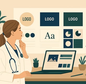 Médica observando identidade visual em ambiente profissional.