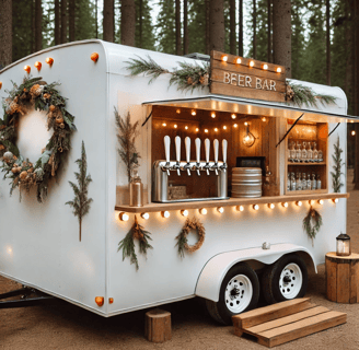 a beer trailer with a beer and christmas lights