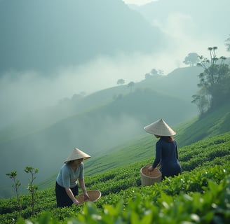 two women in hats and hats are standing in a field