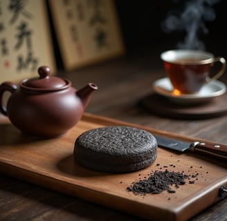 a pureh tea on a cutting board with a teapot and a teapot