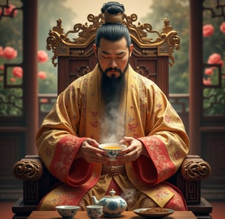 a man in a chinese dress sitting in a chair drinking tea