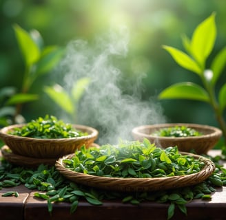 a bunch of small baskets with leaves and a steaming up steam
