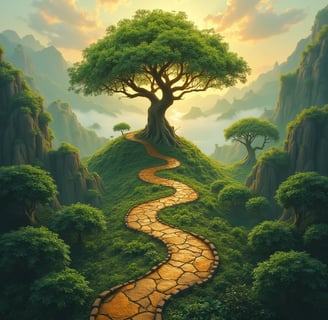 a tree on a hill with a path leading to a path