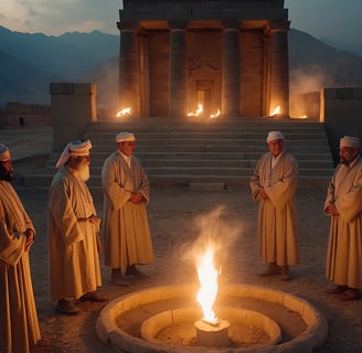 der Bagdad-Batterie, die in einem religiösen Ritual verwendet wird, umgeben von Priestern in parthis
