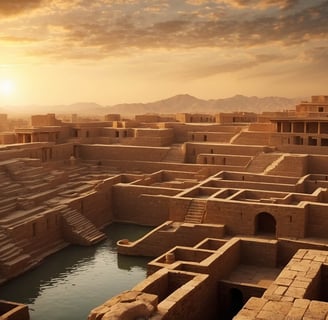 Künstlerische Darstellung von Mohenjo-Daro bei Sonnenuntergang, mit dem Großen Bad, fortschrittliche