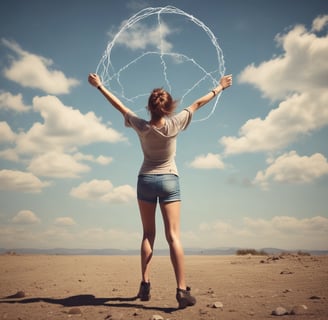 a woman standing in the desert with a circle of circles