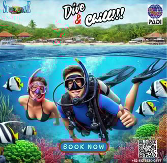 a man and woman scubas in the ocean dive and chill sloganm