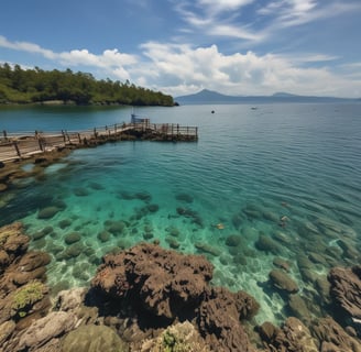 a pier with a dock and a boat in the water some where in north bali