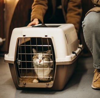 A relaxed cat in a carrier before vaccination