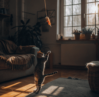 Cat playing with a feather toy