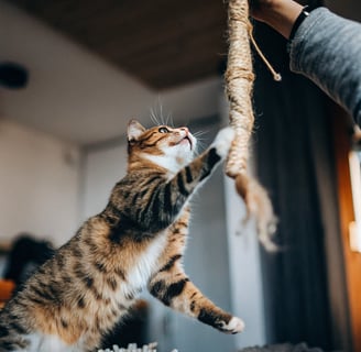 A tabby cat rolling on the floor, playing with a small catnip toy.
