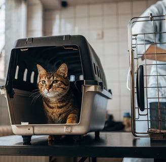 A cat sitting in a carrier, ready for a vet check-up.