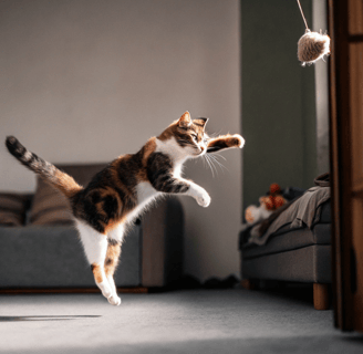 A playful cat jumping to catch a toy filled with catnip.
