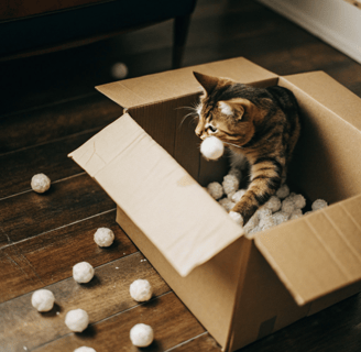 A playful cat exploring a cardboard box surrounded by simple DIY toys.