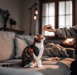 A cat receiving a treat from its owner after a successful grooming session.