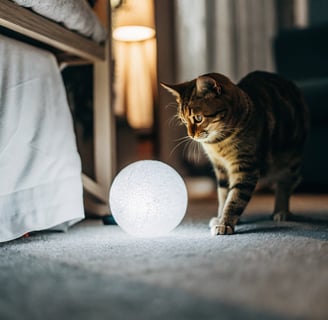 A cat batting at an illuminated ball on the floor.