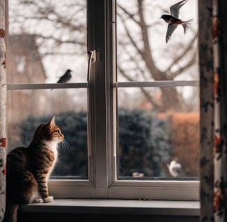 A curious cat chirping while watching birds outside the window.