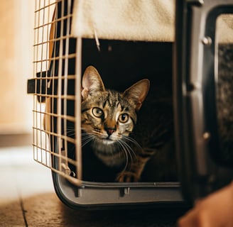 A curious cat inside a travel carrier, looking out through the mesh window